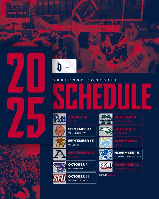 2025 Dukes Football Schedule: 
Aug. 30 - at Pitt
Sept. 6 - vs. Lincoln
Sept. 13 - vs. Lehigh
Sept. 20 - at Akron 
Oct. 4 - vs. Stonehill
Oct. 11 - vs. Saint Francis
Oct. 18 - at Mercyhurst 
Oct. 25 - at Wagner
Nov. 8 - at LIU
Nov. 15 - vs. Central Connecticut State
Nov. 22 - at Robert Morris