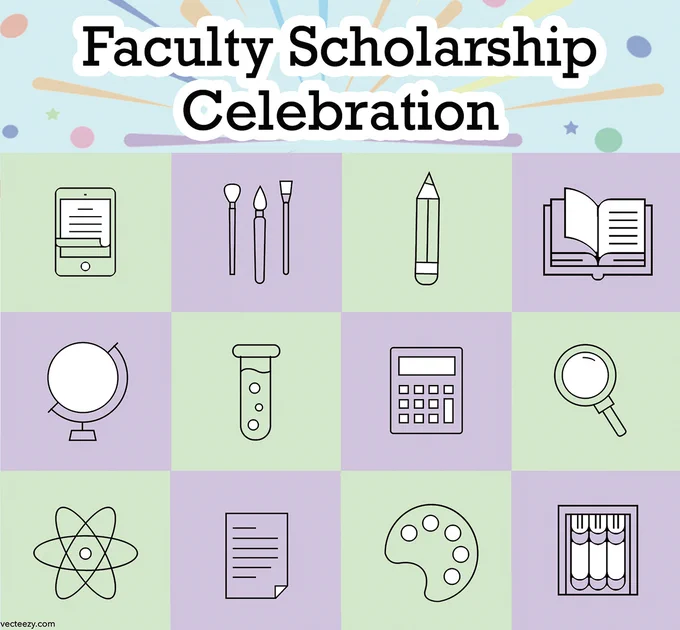 Graphic of a green and purple checkerboard pattern with line drawings of educational materials in each square. At the top is a stylized firework graphic with the text Faculty Scholarship Celebration.