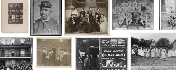 Collage of photographs of groups and single individuals, including a portrait of an African American soldier in the Union Army, Black business owners in front of their shop, images of African American school children. 