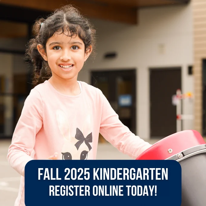 Fall 2025 Kindergarten - Register Online Today! text with student playing at recess image