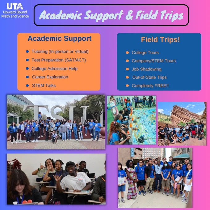 Description of academic support and field trips offered by the UT Arlington Upward Bound Math & Science program. Students in 9th - 12th grade can apply.