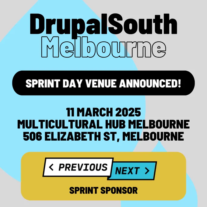 Code Contribution Sprint, sponsored by @previousnext.com.au will be at the Multicultural Hub in Melbourne! 🏢✨

Bring ideas, and contribute to #Drupal in an inclusive and welcoming space! All #DrupalSouth 2025 Melbourne ticket holders can access Sprint Day.