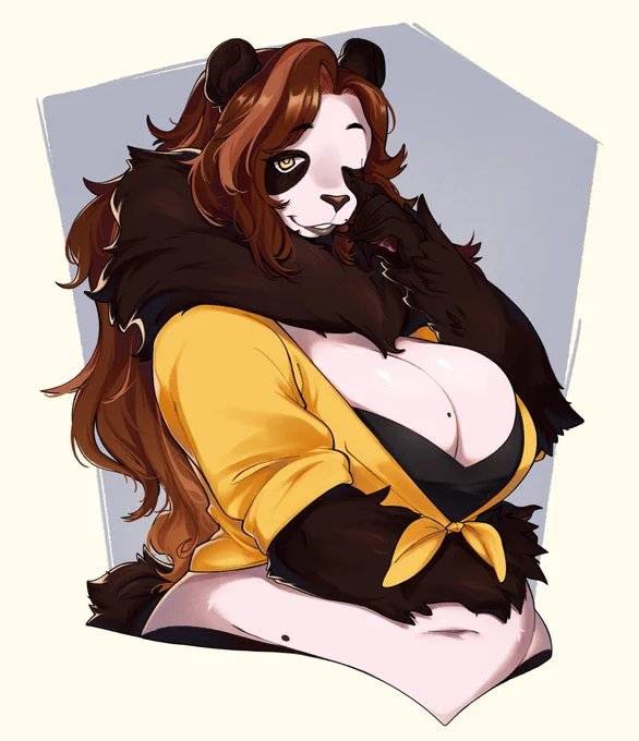A tired looking furry panda girl in a yellow top.