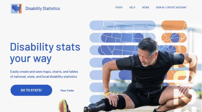 Screenshot of disabilitystatistics.org homepage. Image of man using a prosthetic leg stretching to take a run. Disability stats your way.  button with go to Stats!