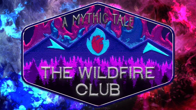 A firey blue & pink background depicts raging kaleidoscopic emotions of that rage in the heart of the lost. 

In the center lies an embroidered patch with deep mountains, pinkish-blue fires, and an endless pink forest. In the center of the mountain lies a dark purple heart that is surrounded by teal-blue flames. 
 
On the top and bottom of the patch lies a group of text that reads:

A Mythic Tale
The Wildfire Club