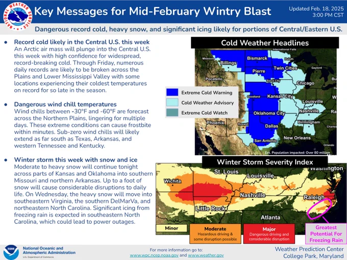 Record cold likely in the Central U.S. this week
An Arctic air mass will plunge into the Central U.S. this week with high confidence for widespread, record-breaking cold. Through Friday, numerous daily records are likely to be broken across the Plains and Lower Mississippi Valley with some locations experiencing their coldest temperatures on record for so late in the season.

Dangerous wind chill temperatures 
Wind chills between -30°F and -60°F are forecast across the Northern Plains, lingering for multiple days. These extreme conditions can cause frostbite within minutes. Sub-zero wind chills will likely extend as far south as Texas, Arkansas, and 
western Tennessee and Kentucky.

Winter storm this week with snow and ice
Moderate to heavy snow will continue tonight across parts of Kansas and Oklahoma into southern Missouri and northern Arkansas. Up to a foot of snow will cause considerable disruptions to daily life. 