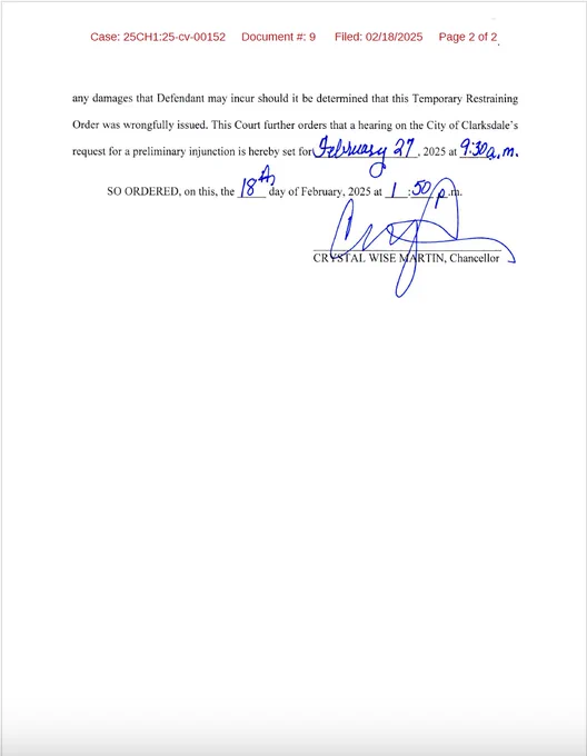 Petitioner shall post a bond in the amount of $100.00 as security for any damages that Defendant may incur should it be determined that this Temporary Restraining Order was wrongfully issued. This Court further orders that a hearing on the City of Clarksdale' s request for a preliminary injunction is hereby set for February 27, 2025 at 9:30 a.m.