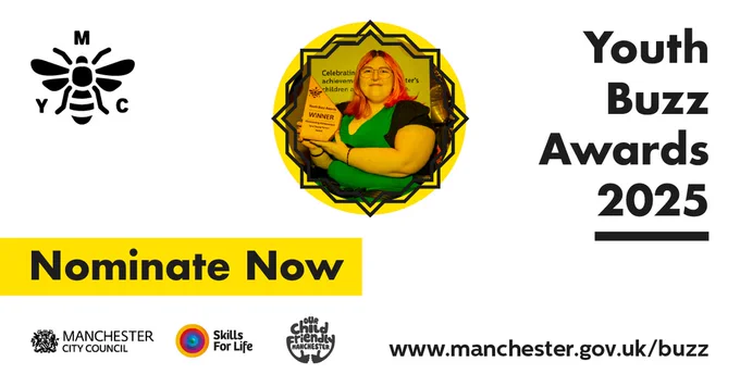 Image includes the Manchester Youth Council logo, a small image of a young person and text that reads "Youth Buzz Awards 2025" and "Nominate now".