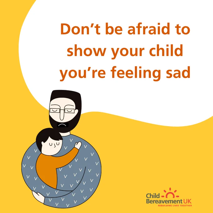 ALT TEXT: 

A digital illustration of a father with a sad expression is holding his young child in his arms as they embrace. Text reads, 'Don't be afraid to show your child you're feeling sad' alongside the Child Bereavement UK logo