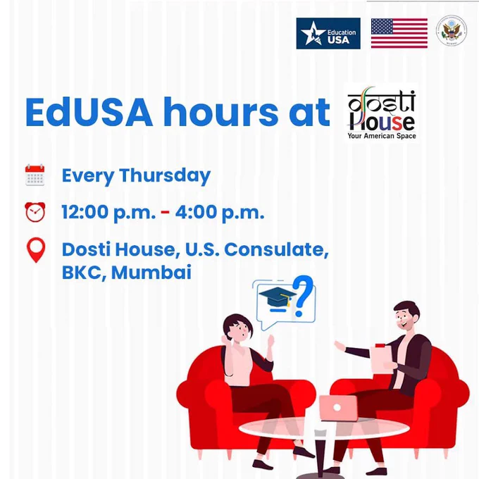 Graphic with event title text “EdUSA  hours at Dosti House” and event details.  