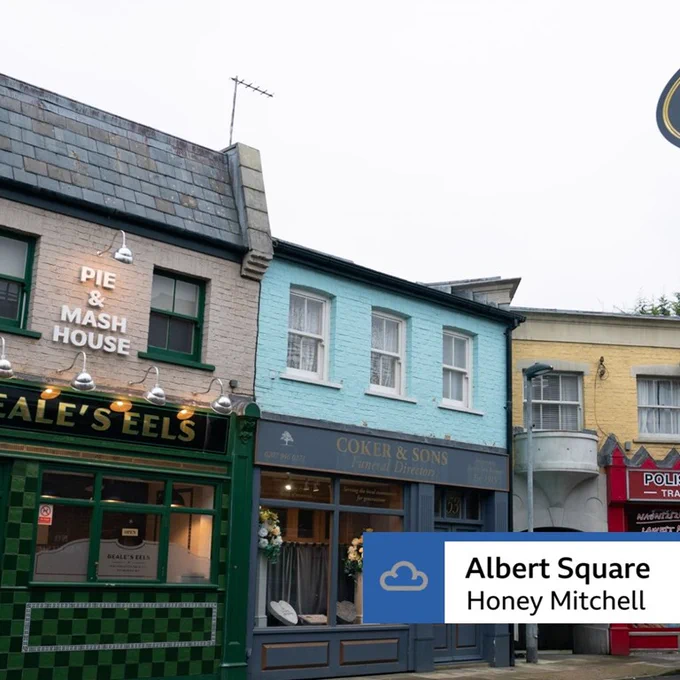Grey sky over Beale's Eels pie and mash shop, Coker & Sons funeral directors, a Polish supermarket and Harry's Bar near Albert Square