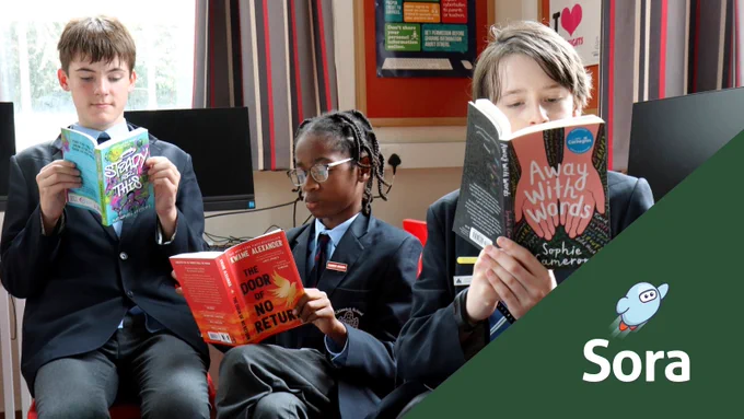 Image of three children reading shortlisted books, bottom right features Sora logo. 