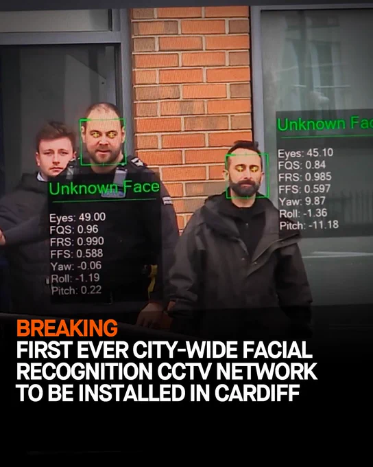facial recognition graphic reading - first ever city-wide facial recognition cctv network to be installed in cardiff