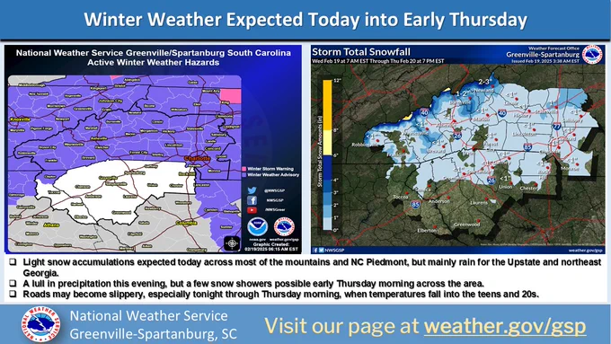 Winter Weather Expected Today into Early Thursday. Map on the left shows the Winter Weather Advisory in purple, including all of the GSP NC zones, as well as Rabun County GA. The map on the right shows the latest forecast storm total snowfall. Mainly an inch or less for most of the area, but 1-3" in the higher elevations of the NC mountains.