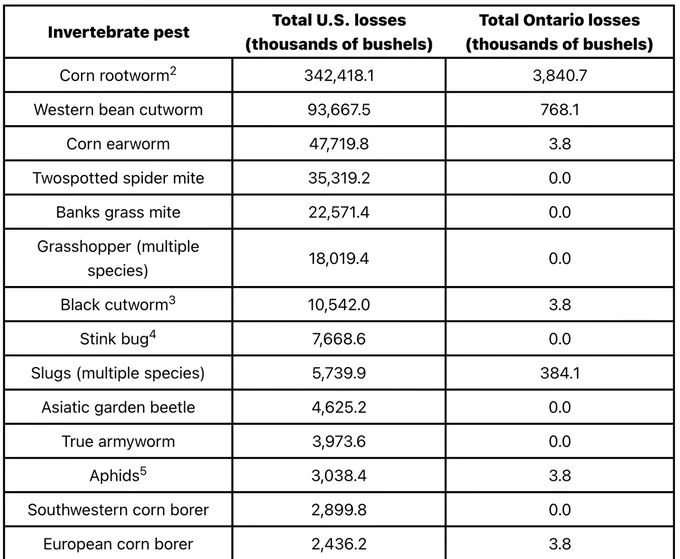 Partial table showing losses in thousands of bushels due to insect pests. 