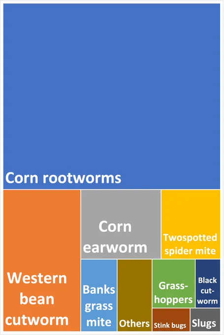 Treemap showing proportion of losses caused by the insect pests responsible for the top estimated losses of corn yield. 
