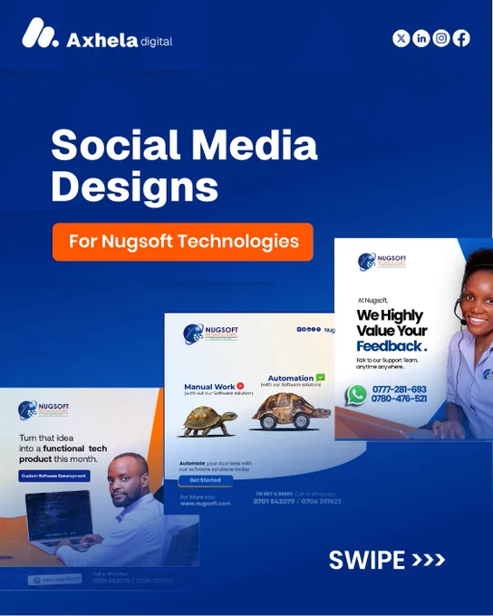 Establish Your #OnlinePresence with Clean and Ready-to-Sale #GraphicsDesigns, Images, and Videos to ensure you grow your business. Check out our latest work for Nugsoft Technologies!

DM now we start on them.

Call: 0762490248 
visit :axheladigital.com 

Our pricing is very affordable. 
#AxhelaDigitalAgency #OnlineMarketing