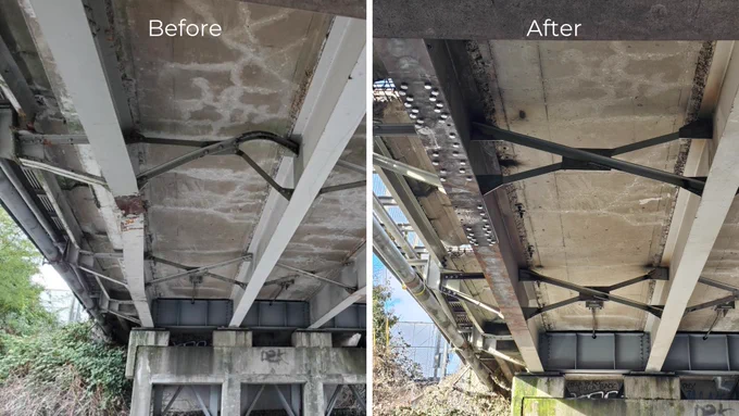 Two images comparing the underside of the 102nd Ave NE bridge over SR 522 in Bothell, one showing damaged and bent bridge supports before repairs and the other showing repaired supports