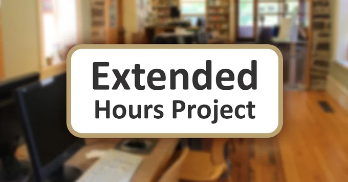 An image of the public computers at the Pittsburgh Branch with a text overlay that reads Extended Hours Project.
