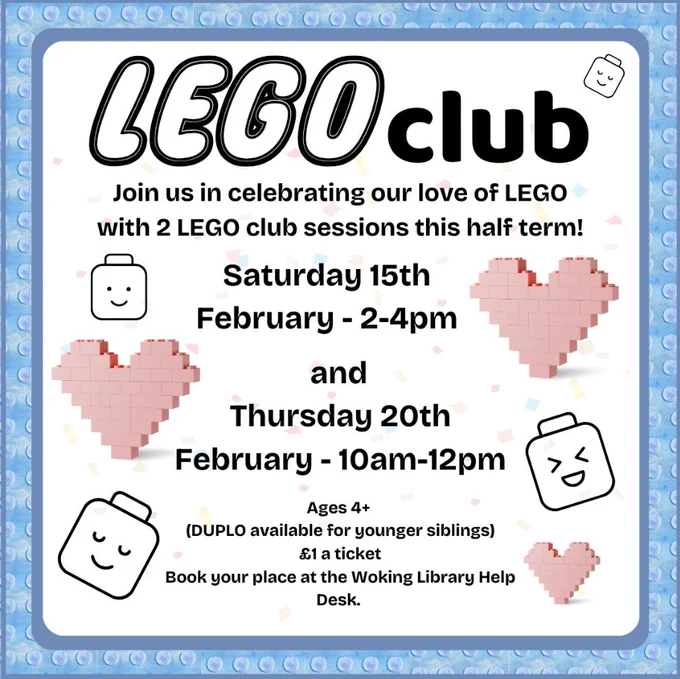 Woking Library's LEGO club is back. We still have one more session this half-term, tomorrow from 10am till 12pm. Ages 4 , with DUPLO available for younger siblings. Tickets are £1 per child. Book your space at the Woking Library Help Desk. 