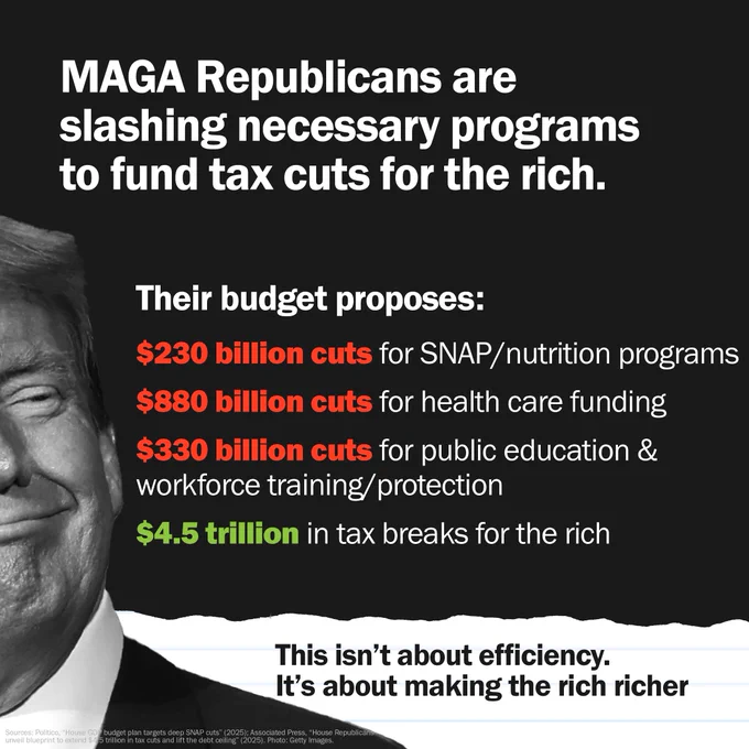 The header reads, "MAGA Republicans are slashing necessary programs to fund tax cuts for the rich." Below, their budget priorities are listed as line items: $230 billion in cuts for SNAP/nutrition programs, $880 billion in cuts for health care funding, $330 billion in cuts for public education and workforce training/protection, and $4.5 trillion in tax breaks for the rich. To the left, a black and white image of Trump, smirking. The footer reads, "this isn't about efficiency. It's about making the rich richer."