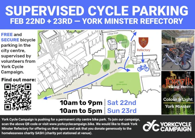 a diagram of the location of the cycle parking opposite York Minster at the Minster Refectory with times of operation as per the post