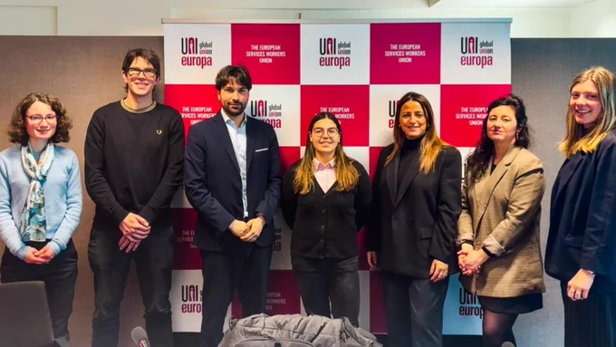 Group picture of the PHS Social Partners and guests present in-person, from left to right: Pauline Wicquart (EFFE), Mark Bergfeld (UNI Europa), Francesco Corti (Cabinet of Executive Vice-President Roxana Minzatu), Leonor Tavares (EFSI), Grace Papa (EFFAT), Aude Boisseuil (EFFE), and Alessia Mora (UNI Europa).