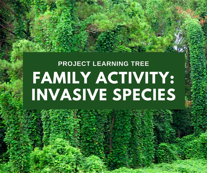 Words reading, "Project Learning Tree Family Activity: Invasive Species" over an image of a kudzu covered forest.