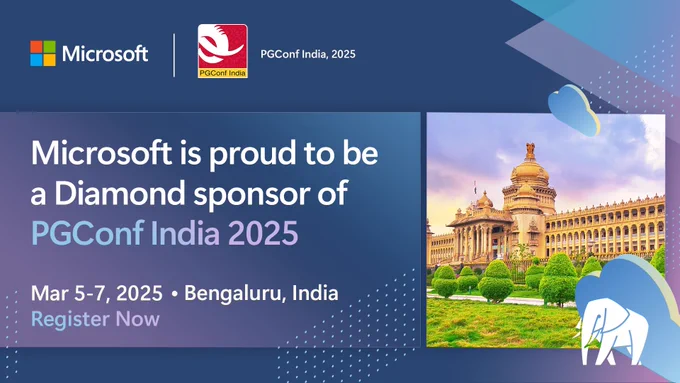 A promotional banner for PGConf India 2025, sponsored by Microsoft. The banner features the Microsoft logo, the PGConf India logo, and event details: 'Microsoft is proud to be a Diamond sponsor of PGConf India 2025. Mar 5-7, 2025 • Bengaluru, India. Register Now.' The design includes a photograph of the Vidhana Soudha in Bengaluru, a stylized elephant graphic, and cloud-themed decorations.