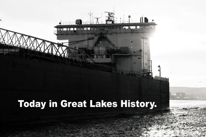 Ship in the Great Lakes. Signage saying 'today in great lakes history'