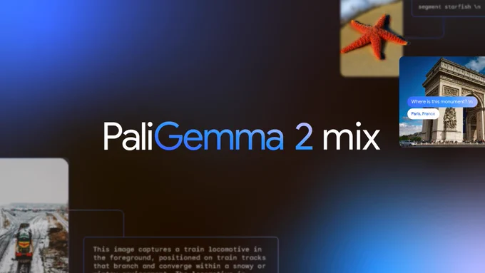 The text "PaliGemma 2 mix" is centered on a dark background with smaller images and text snippets surrounding it, showcasing examples of image captioning and location identification. 