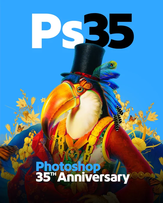 A vibrant, surreal digital artwork of a toucan dressed in an ornate, vintage-style outfit with gold accessories, a top hat, and colorful feathers. The background is bright blue with golden floral details and a subtle painterly effect. Large text at the top reads "Ps35," celebrating Photoshop’s 35th anniversary. Below, the words "Photoshop 35th Anniversary" appear in bold white and blue text.