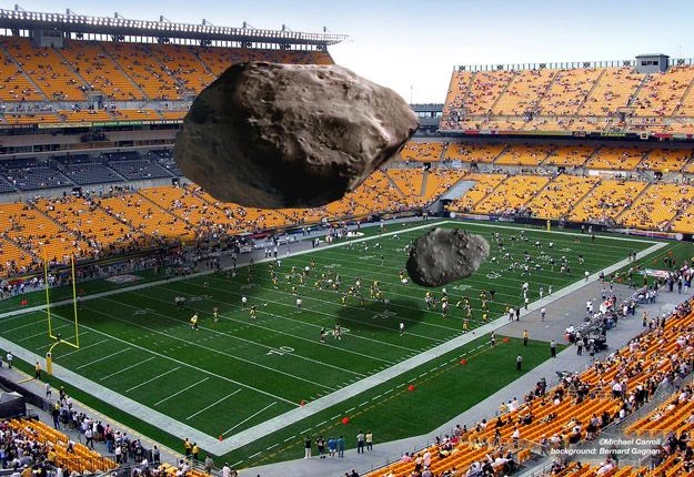 Image by Michael Carroll illustrating the sizes of some asteroids in 2013. The asteroids are shown in comparison to a US football field. We had seen the big one "2012 DA14" coming, and it just buzzed Earth. But the littler one we did NOT see coming, and it hit Earth above Chelyabinsk, creating a shockwave the blew out windows and injuring more than 1400 people.   The asteroid we are monitoring now - 2024 YR4 - is bigger than the little guy, but maybe as large as the whole football field!   Our JWST measurements next month will help pin down the size of 2024 YR4.   Source: https://carrollspaceart.com/gallery/comparisons/