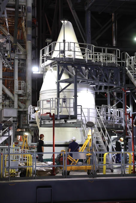 The right forward assembly, the final piece of the Space Launch System solid rocket boosters, stacked on mobile launcher 1 in High Bay 3 of the Vehicle Assembly Building at NASA's Kennedy Space Center. 