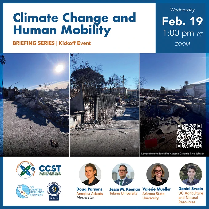 A square graphic for the event featuring the title, panelist headshots, images of an urban environment after a wildfire.