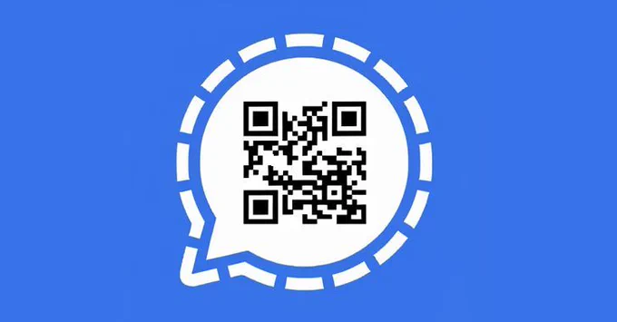 The Signal app icon - a white speech bubble against a blue background - containing a QR code. That code resolves to a download prompt for the Signal app.