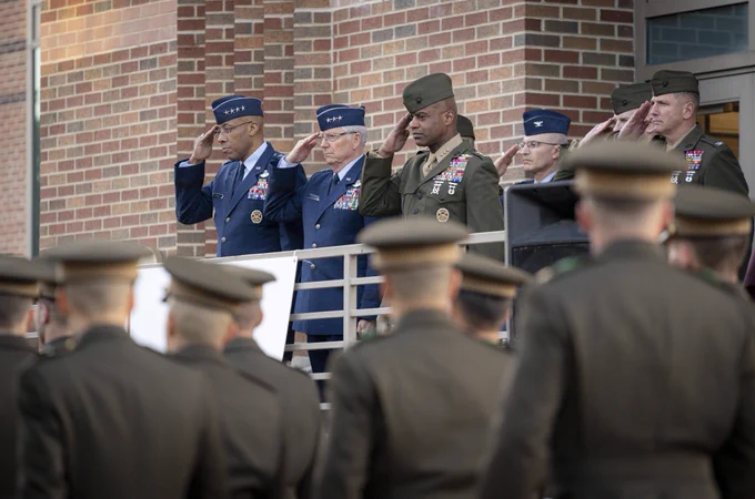 Members of the Texas A&M Corps of Cadets marching past the reviewing stand during the SCONA 70 pass-in-review.