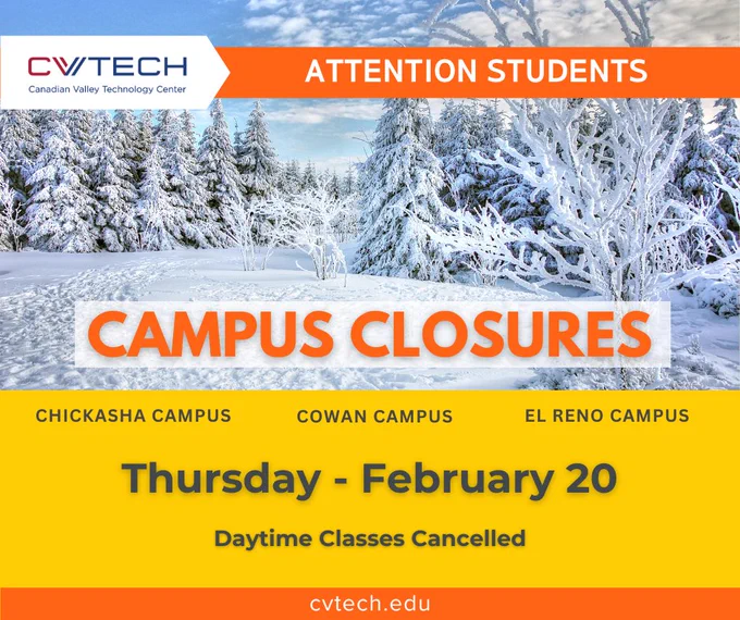 campus closures: daytime classes Thursday, February 20.