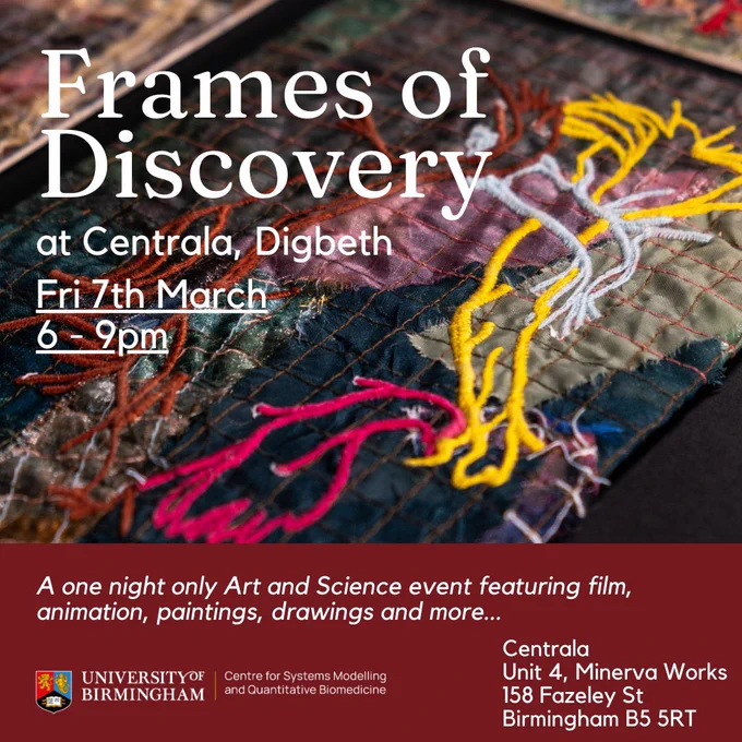 Poster for Frames of Discover, an art showcase on March 7th at 6-9pm at Centrala in Birmingham UK. The poster shows a textile artwork consisting of coloured threads embroidered on to organza fabric.