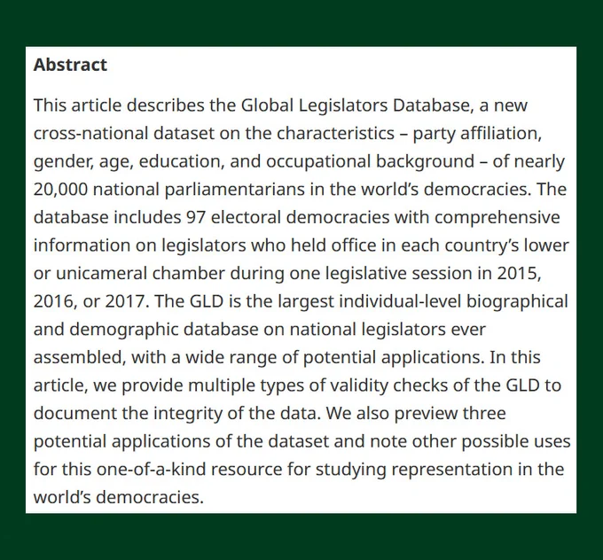 BJPolS abstract describing the Global Legislators Database, which includes demographic and biographical data on legislators from nearly 100 parliamentary democracies worldwide.