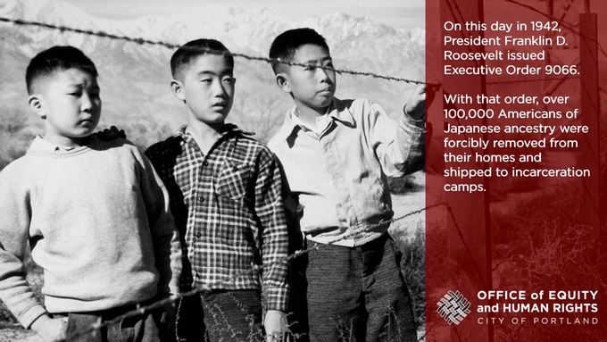 Young Japanese American boys behind barbed wire in black and white. On this day in 1942, President Franklin D. Roosevelt issued Executive Order 9066. With that order, over 100,000 Americans of Japanese ancestry were forcibly removed from their homes and shipped to incarceration camps. Office of Equity logo.