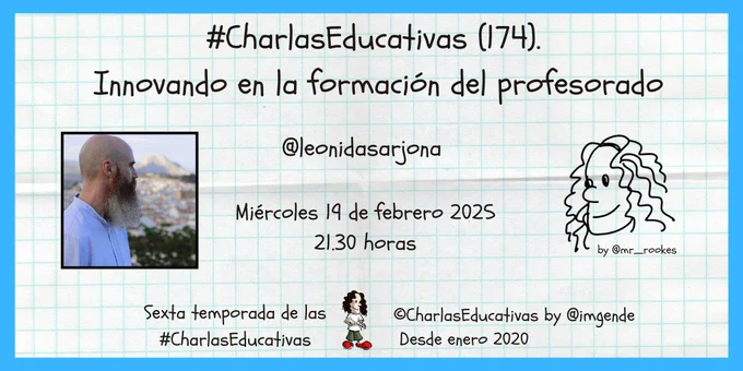 Cartel de la charla con la foto de perfil de Leónidas. Título: innovando en la formación del profesorado.