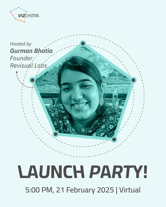 A promotional poster for VizChitra’s Launch Party, featuring Gurman Bhatia, Founder of Revisual Labs, as the host. The poster has a geometric design with a pentagon framing Gurman’s portrait. The event details are displayed at the bottom: "Launch Party! 5:00 PM, 21 February 2025 | Virtual." The VizChitra logo is positioned at the top left. The color scheme is soft teal.