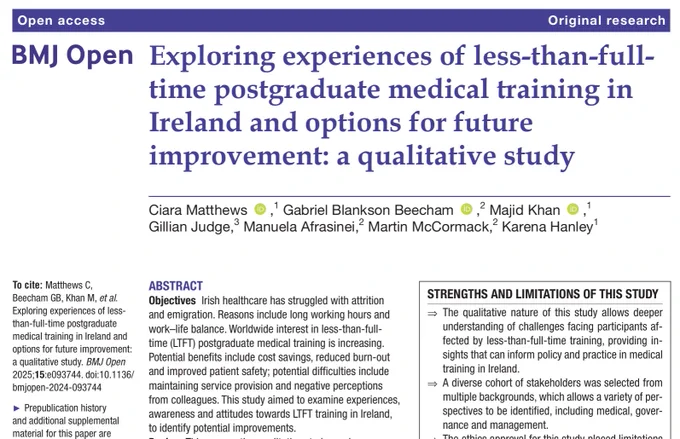 Matthews C, Beecham GB, Khan M, et al. Exploring experiences of less-than-full-time postgraduate medical training in Ireland and options for future improvement: a qualitative study. BMJ Open 2025;15:e093744. doi:10.1136/bmjopen-2024-093744