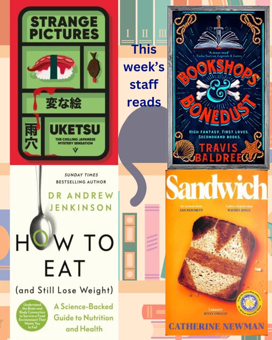 Pictures shows some books in front of a colourful bookshelf that has a black cat resting on it. Books shown are Strange Pictures, Bookshops and Bonedust, How to Eat and Sandwich.