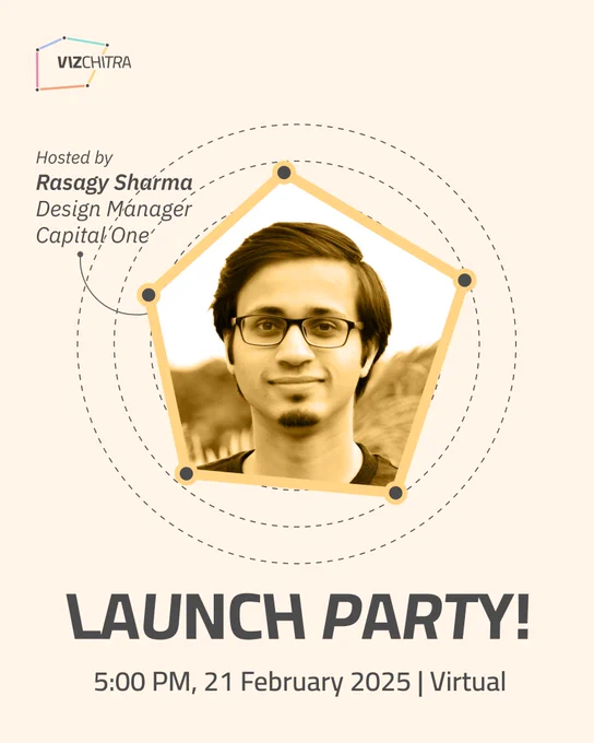 A promotional poster for VizChitra’s Launch Party, featuring Rasagy Sharma, Design Manager at Capital One, as the host. The poster has a geometric design with a pentagon framing Rasagy’s portrait. The event details are displayed at the bottom: "Launch Party! 5:00 PM, 21 February 2025 | Virtual." The VizChitra logo is positioned at the top left. The color scheme is warm beige.