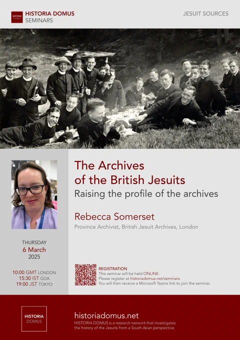 Poster advertising the seminar showing a black and white photograph of men in clerical collar looking jolly and having a picnic. Details for event and registration are provided below it including a QR code for registration.