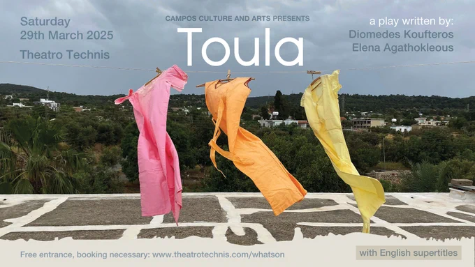 🎭 TOULA – A powerful theatre performance comes to London!

@camposculturearts presents Toula, a verbatim theatre piece written and directed by @diomedesk, performed by @elena__agathokleous. Based on the life and work of Toula Liasi (@toulaliasi), the play explores her journey as a visual artist shaped by Cyprus’ contemporary history.

📅 Saturday, 29 March 2025
⏰ 19:00
📍 @theatro_technis, Camden
📝 Performed in Cypriot Greek with English supertitles

With contributions from:
🎭 Scenography & Research: @eleni_ioan_ou
📽️ Video Projection: @volumefilmscy
🎨 Graphic Design: @poise_design_studio

🎟️ Reserve your complimentary seat now! → https://www.theatrotechnis.com/whatson

A Campos Culture and Arts production, co-produced by @mitos_org, supported by the Cultural Section of the Cyprus High Commission & the Cyprus Deputy Ministry of Culture.

Join us for this UK premiere and experience an unforgettable performance! #Toula #LondonTheatre #Cyprus 🎭✨