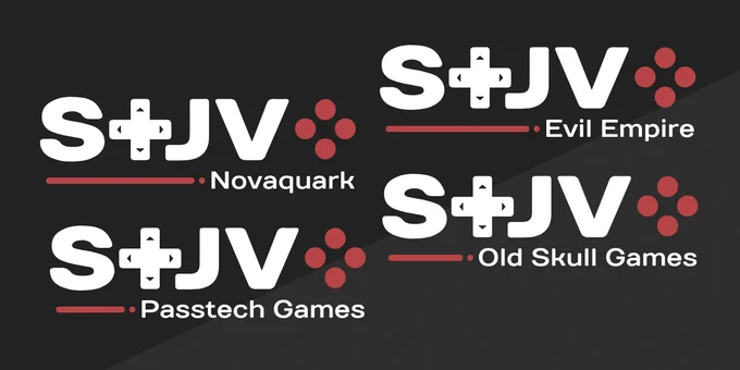 Sur fond gris foncé, les logos des 4 nouvelles sections syndicales du STJV. De gauche à droite et de haut en bas : STJV Novaquark, STJV Evil Empire, STJV Passtech Games, STJV Old Skull Games