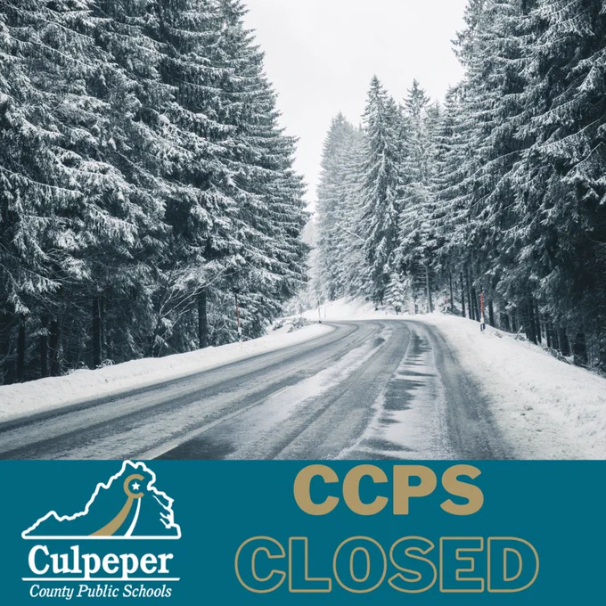 image of a snowy road with gold text CCPS Closed with CCPS logo